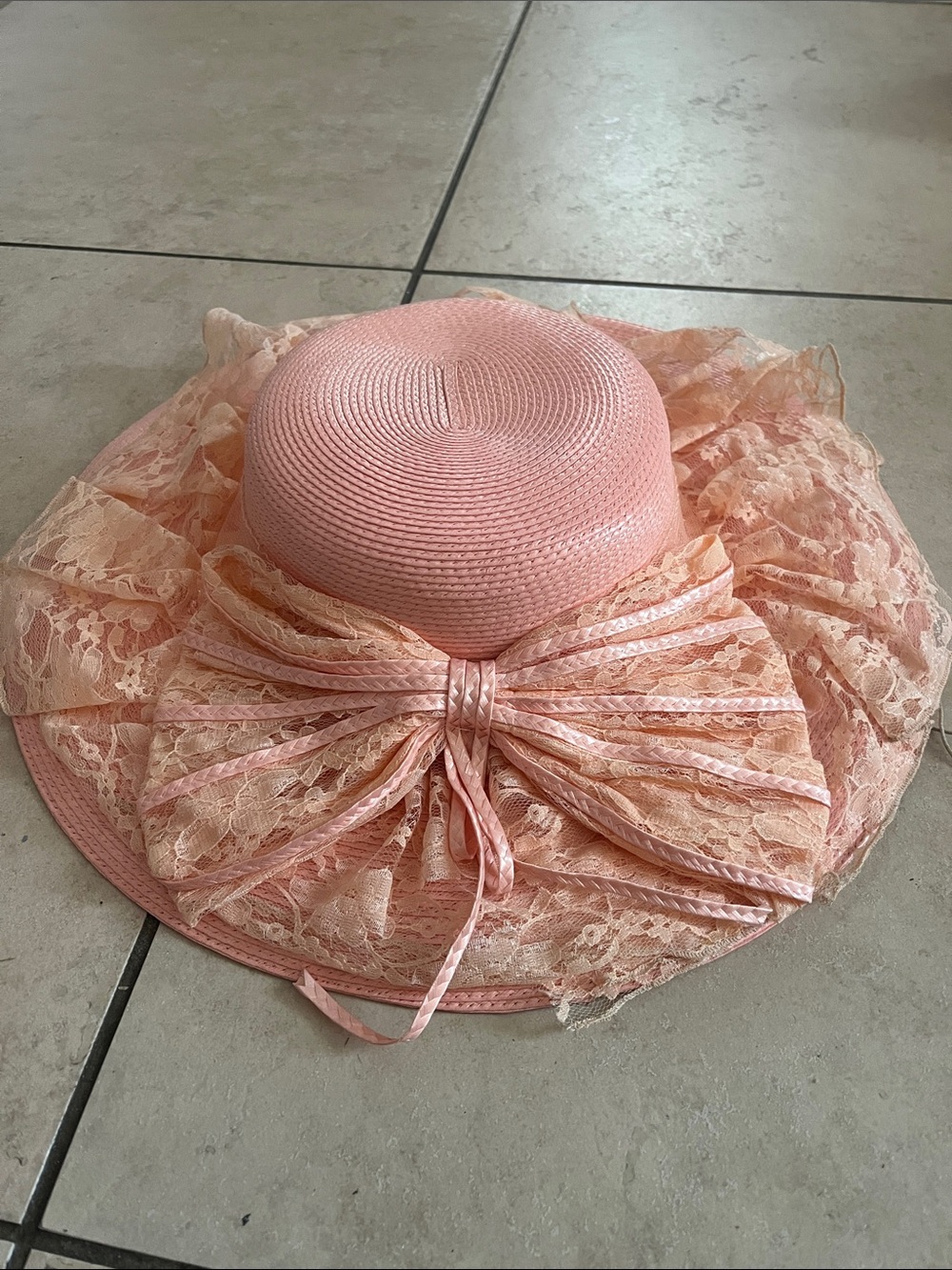 Vintage Women's Pink Lace Bow Straw Sun Hat